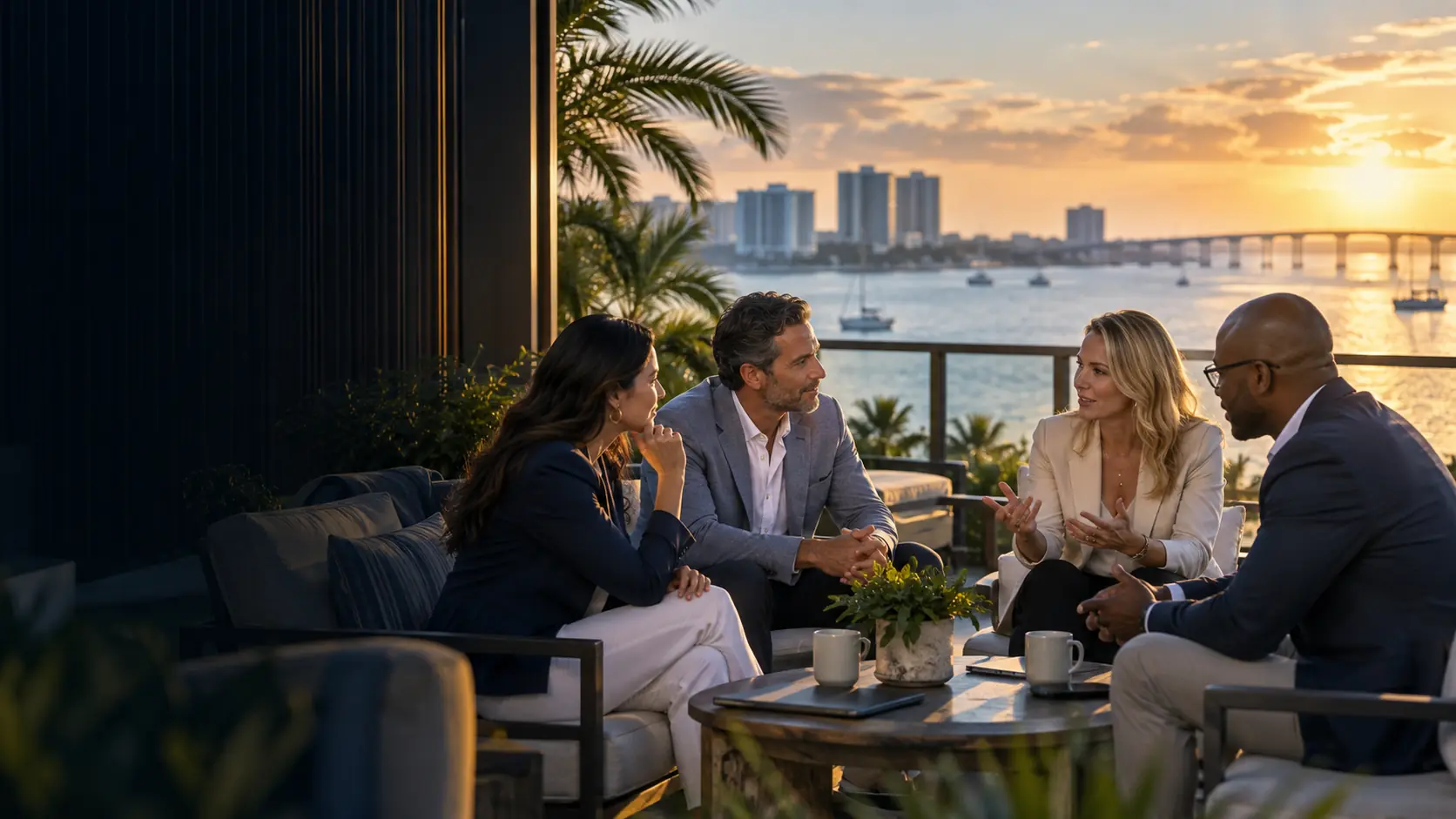 Local business owners discussing opportunities on a Clearwater waterfront terrace